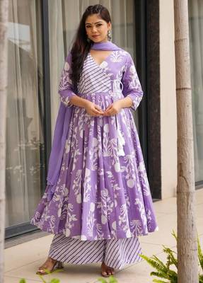 women's cotton blend printed anarkali kurta palazzo with dupatta set 1