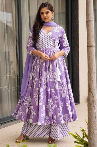 women's cotton blend printed anarkali kurta palazzo with dupatta set