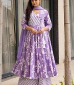 women's cotton blend printed anarkali kurta palazzo with dupatta set