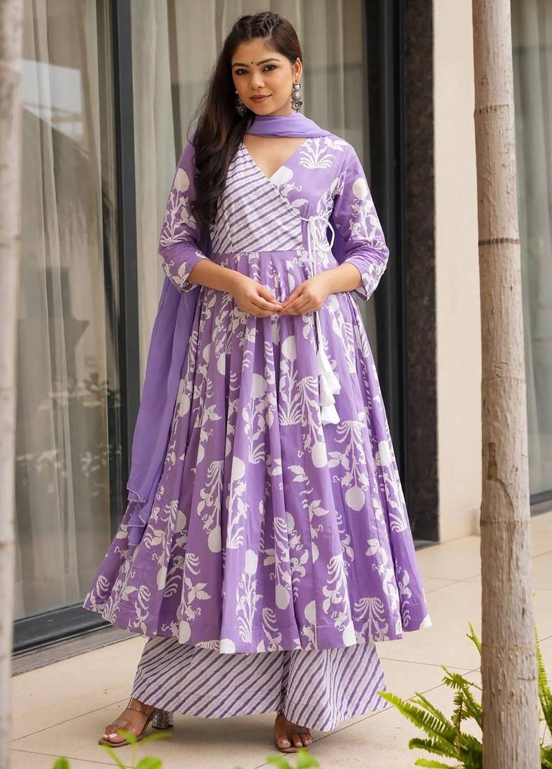 women's cotton blend printed anarkali kurta palazzo with dupatta set