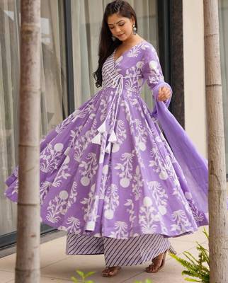 women's cotton blend printed anarkali kurta palazzo with dupatta set 2