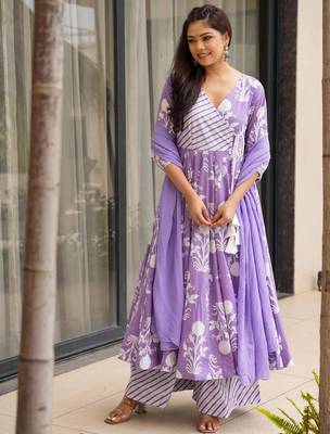 women's cotton blend printed anarkali kurta palazzo with dupatta set 3