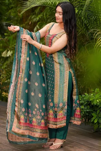 women's chanderi printed kurta pant with dupatta set