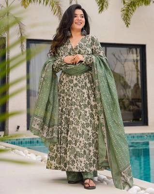 women's cotton blend printed anarkali kurta palazzo with dupatta set 1
