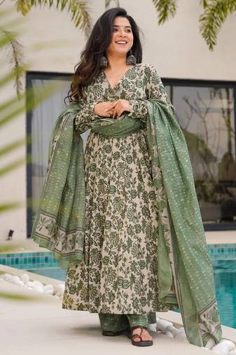 women's cotton blend printed anarkali kurta palazzo with dupatta set