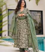 women's cotton blend printed anarkali kurta palazzo with dupatta set