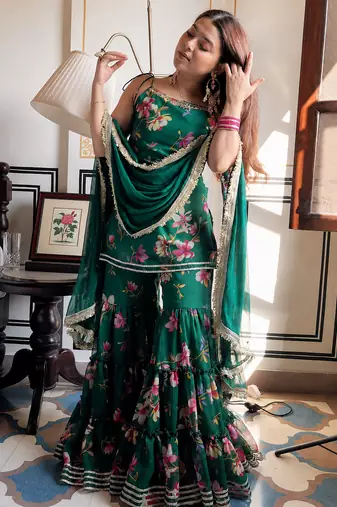 women's georgette printed kurta sharara with dupatta set