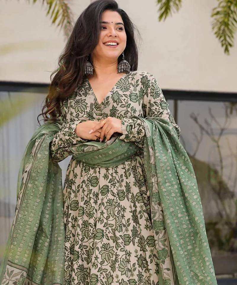 women's cotton blend printed anarkali kurta palazzo with dupatta set