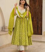 women's cotton blend printed anarkali kurta palazzo with dupatta set