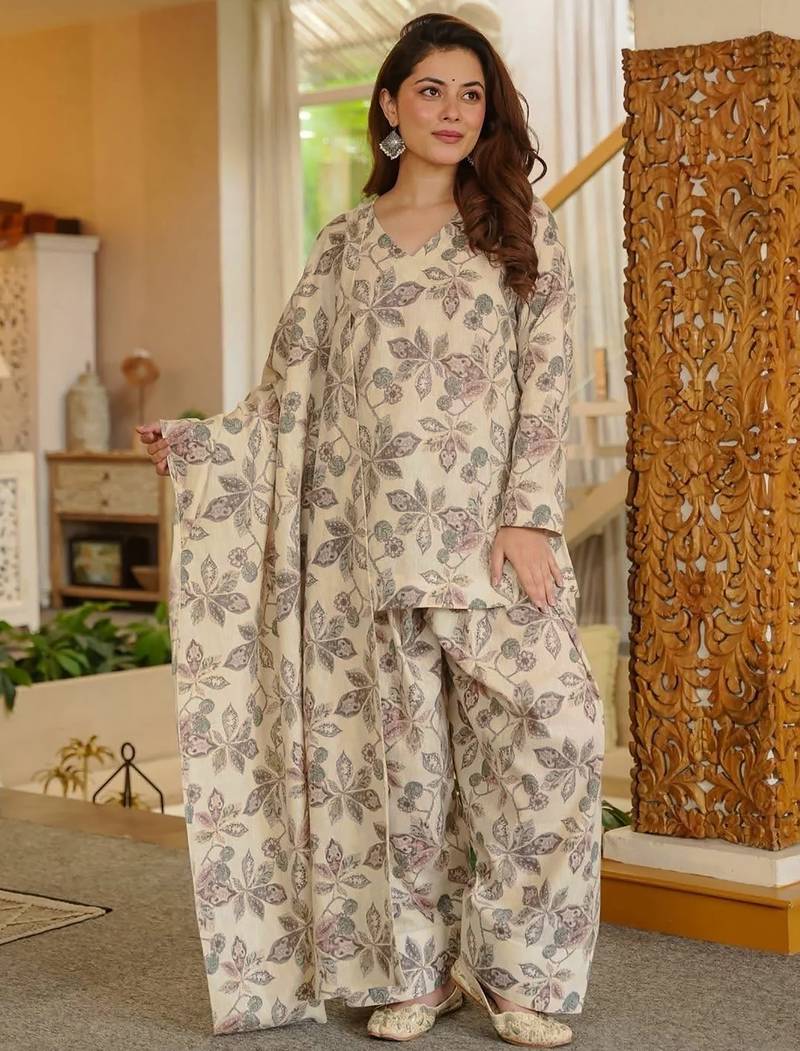 women's cotton blend printed farshi salwar suit with dupatta set