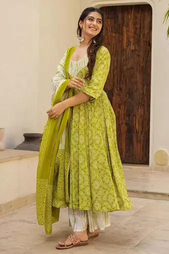 women's cotton blend printed anarkali kurta palazzo with dupatta set