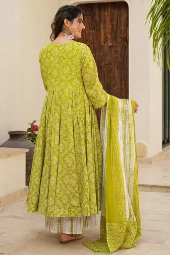 women's cotton blend printed anarkali kurta palazzo with dupatta set