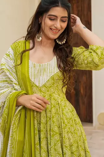 women's cotton blend printed anarkali kurta palazzo with dupatta set