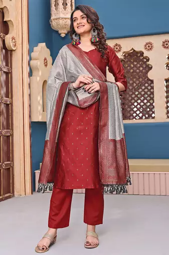 women's art silk woven butta motiff kurta pant with dupatta set