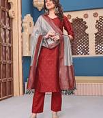 women's art silk woven butta motiff kurta pant with dupatta set