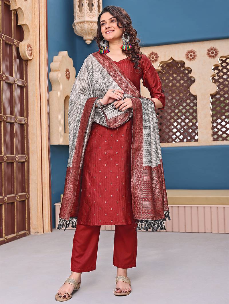 women's art silk woven butta motiff kurta pant with dupatta set