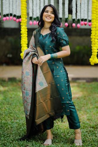 women's art silk woven butta motiff kurta pant with dupatta set