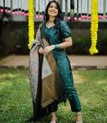 women's art silk woven butta motiff kurta pant with dupatta set