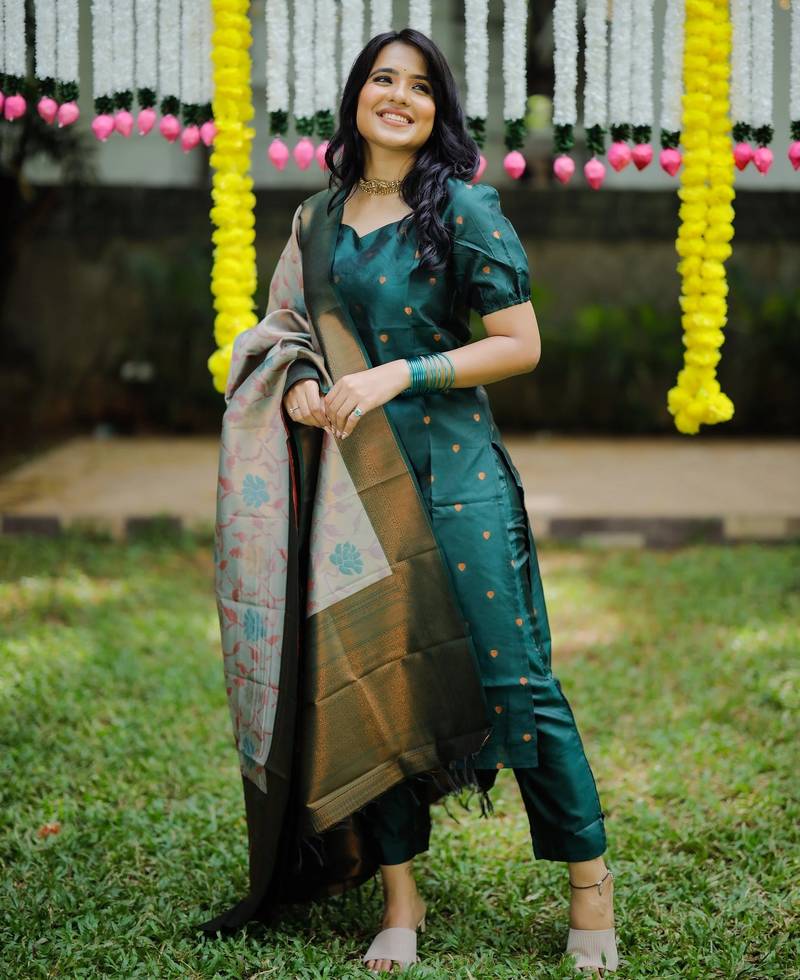 women's art silk woven butta motiff kurta pant with dupatta set