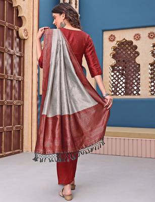 women's art silk woven butta motiff kurta pant with dupatta set 2