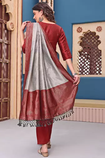 women's art silk woven butta motiff kurta pant with dupatta set