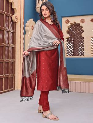 women's art silk woven butta motiff kurta pant with dupatta set 3