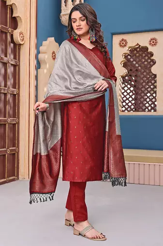women's art silk woven butta motiff kurta pant with dupatta set