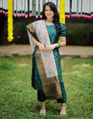 women's art silk woven butta motiff kurta pant with dupatta set 3