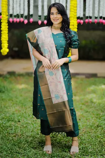 women's art silk woven butta motiff kurta pant with dupatta set