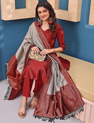 women's art silk woven butta motiff kurta pant with dupatta set 4