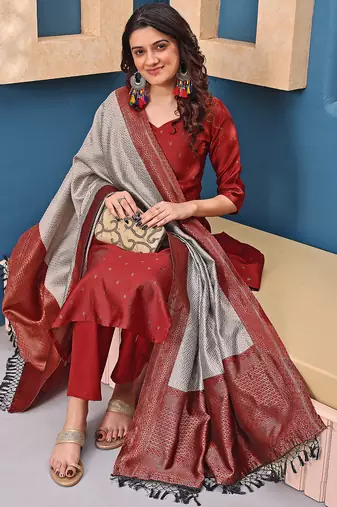 women's art silk woven butta motiff kurta pant with dupatta set