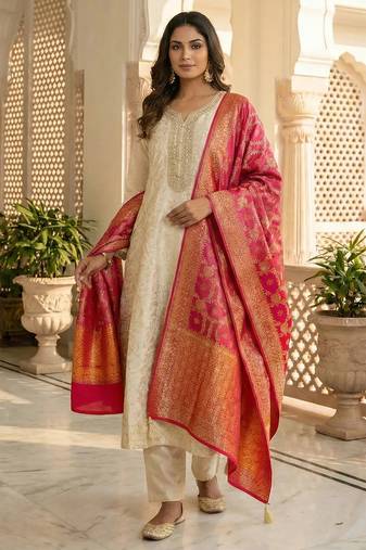 women's art silk embroidered kurta pant with banarasi dupatta set