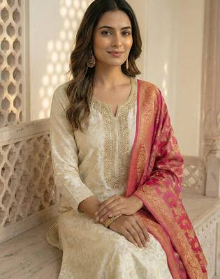 women's art silk embroidered kurta pant with banarasi dupatta set 2