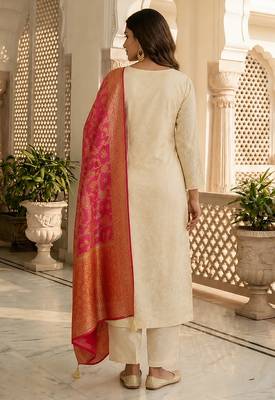 women's art silk embroidered kurta pant with banarasi dupatta set 3