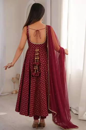 women's chanderi woven butta motiff anarkali kurta pant with dupatta set