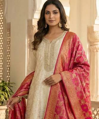 women's art silk embroidered kurta pant with banarasi dupatta set 4