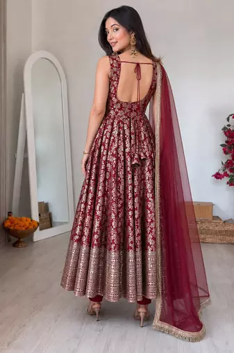 women's chanderi woven motiff anarkali kurta pant with dupatta set