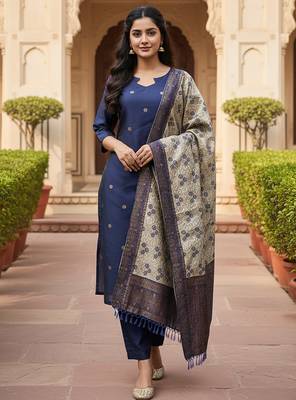 women's art silk woven butta motiff kurta pant with dupatta set 1