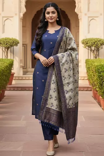 women's art silk woven butta motiff kurta pant with dupatta set