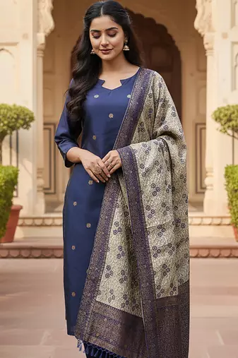 women's art silk woven butta motiff kurta pant with dupatta set
