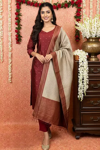 women's art silk woven butta motiff kurta pant with dupatta set
