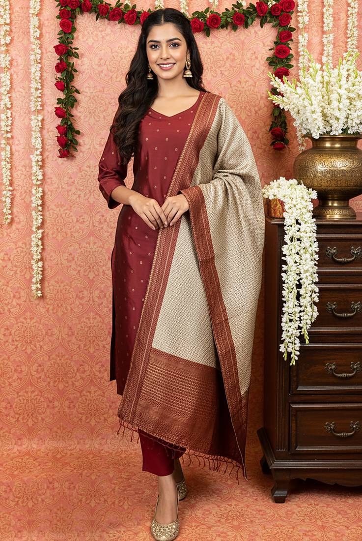 women's art silk woven butta motiff kurta pant with dupatta set