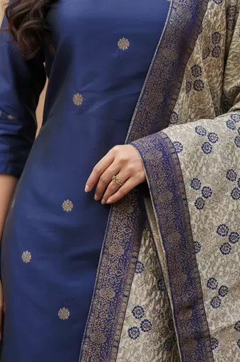 women's art silk woven butta motiff kurta pant with dupatta set
