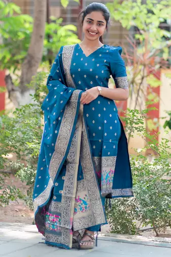 women's art silk woven butta motiff kurta pant with dupatta set
