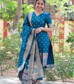 women's art silk woven butta motiff kurta pant with dupatta set