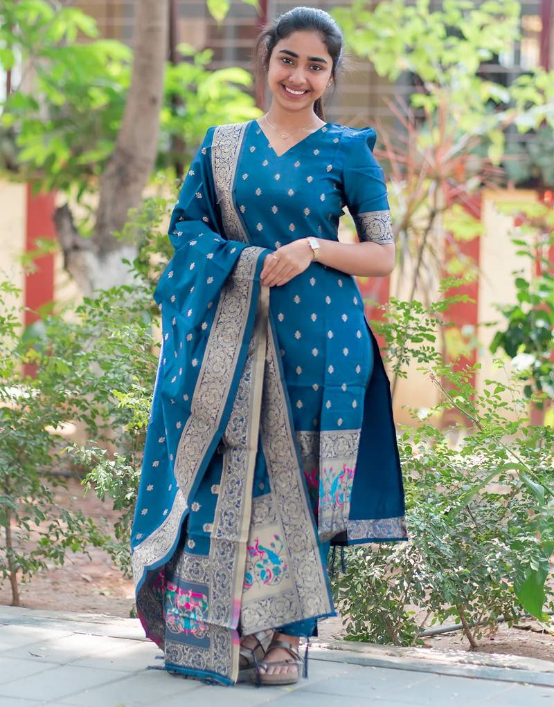 women's art silk woven butta motiff kurta pant with dupatta set
