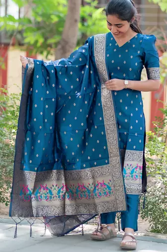 women's art silk woven butta motiff kurta pant with dupatta set