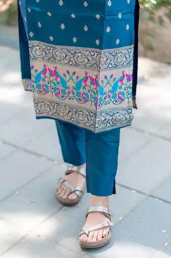 women's art silk woven butta motiff kurta pant with dupatta set