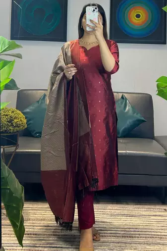 women's art silk woven butta motiff kurta pant with dupatta set