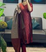 women's art silk woven butta motiff kurta pant with dupatta set